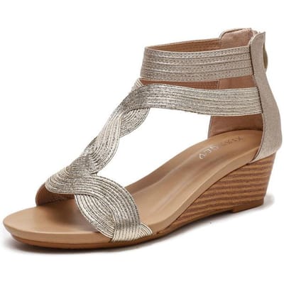 Grande Taille 41 42 Sandales Femme Talons Compensés Moyens Diamant Bling Mesh Bout Ouvert Bride en T Fermeture Éclair au Dos Chaussures Décontractées d'Été Dame 40 gray