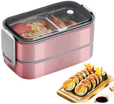 KZQ roestvrijstalen lunchbox - Dubbellaagse bentobox met gaas, lekvrij, geschikt voor de magnetron - Geschikt voor school, werk, reizen en kamperen - 20 x 11 x 12 cm - roze
