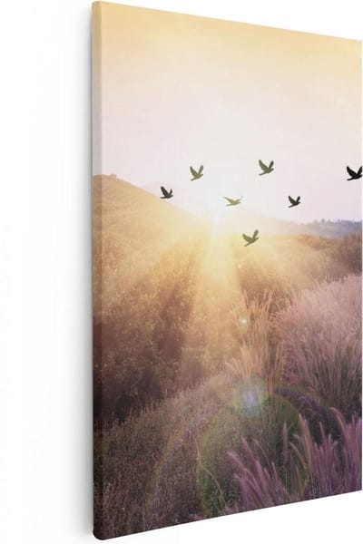 Artaza Canvas Schilderij Zonsondergang Landschap - 20x30 cm - Klein - Wanddecoratie Vogels - Muurdecoratie Natuur - Kamer Accessoires