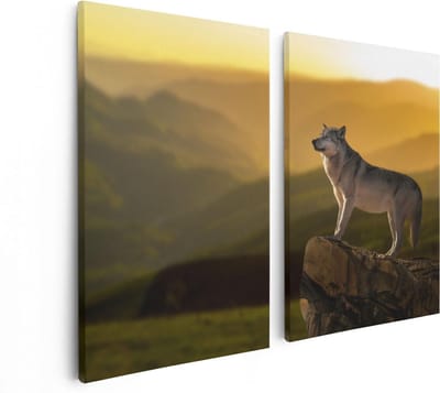 Artaza Canvas Schilderij Tweeluik Wolf Op Een Rots Met Een Heuvel Landschap - 80x60 - Foto Op Canvas - Canvas Print
