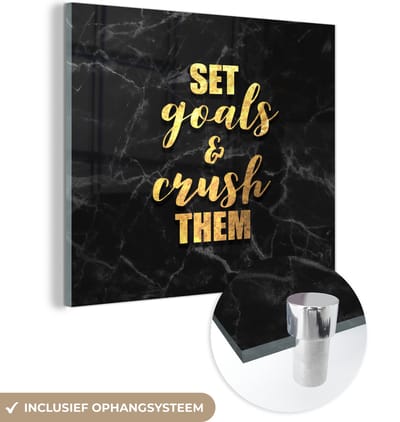 MuchoWow® Glasschilderij 50x50 cm - Schilderij acrylglas - Quote - Motivatie - Marmer - Goud - Foto op glas - Schilderijen