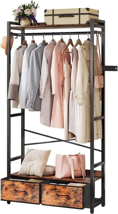 Famanu - Open metalen kledingkast met houten afwerking en laden zwart/bruin