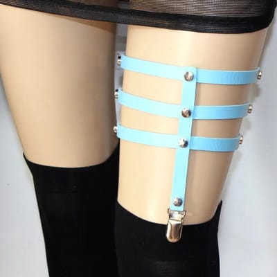 Punk Gothic Drie-rijige Beenring Sexy PU Leer Dijkous Harajuku Beenlus Jarretels Dames Harnas Riemen Stripclub Feest hemelsblauwe kleur