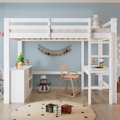 Clruro Hoogslaper - 90x200 cm - Kinderbed met Bureau, Ladekast en Opbergrek - Grenen en MDF - Wit
