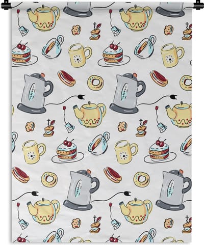 Wandkleed - Wanddoek - Patronen - Thee - Taart - High tea - 90x120 cm - Wandtapijt