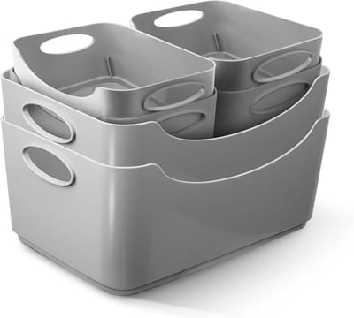 Famanu – Set van 6 plastic opbergmanden met handgrepen – Multifunctionele draagbare bakken voor huis en kantoor – Grijs