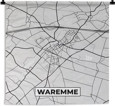 Wandkleed - Wanddoek - België – Waremme – Stadskaart – Kaart – Zwart Wit – Plattegrond - 180x180 cm - Wandtapijt