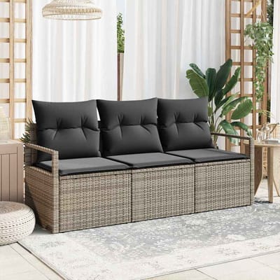 vidaXL Tuinbank Set met kussen met opslag 3 pcs Grijs poly rattan
