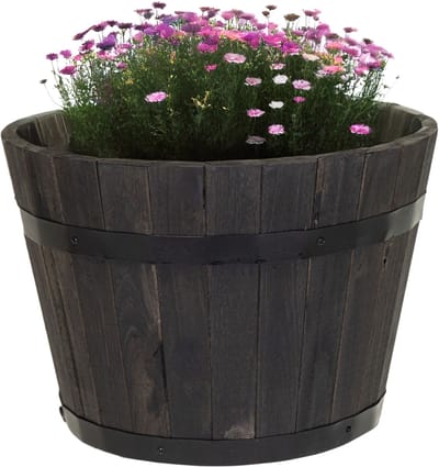 Mega Collections Plantenbak/bloempot Barrel - acacia hout - antraciet - D29 x H18 cm