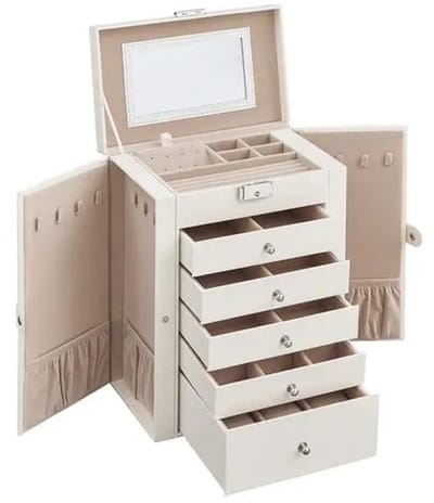 Stervia 6 Laags Sieradendoos - Juwelendoos - Sieradenhouder - Sieradenorganizer - Met Spiegel En Sleutel - Wit - 15,6 x 26 x 32 cm