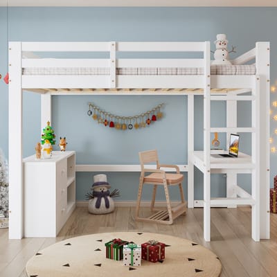 HAUSS SPOLE Hoogslaper 90x200 cm - Kinderbed Met Bureau En Opbergruimte - Zonder Matras - Grenen En MDF - Wit