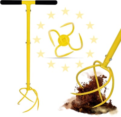 JustValue Tuinklauw - 4 Tands Tuinwoeler - Bodembewerker - Hoogte Verstelbaar 90-99cm - Ergonomisch T-Handvat - Staal - Voor Grond Beluchten - Onkruid Verwijderen - Moestuin - Geel