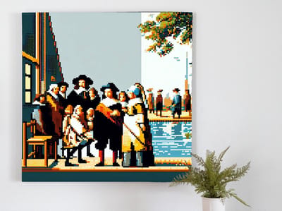 Pixel art vermeer schilderij | Meesterwerk in Pixels: Een Hedendaagse Vermeer Interpretatie | Kunst - 20x20 centimeter op Canvas | Foto op Canvas