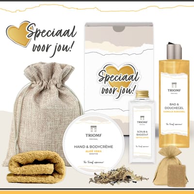 Geschenkset “Speciaal voor jou!” - 6 producten - 680 gram - Triomf Cosmetica | Giftset voor haar Verjaardag Cadeau Gefeliciteerd Cadeautje Vriendin Vrouw Moeder Cadeaupakketje Geschenk Pakket Luxe Douchegel Vanille Caramel Gift Set Goud Geel