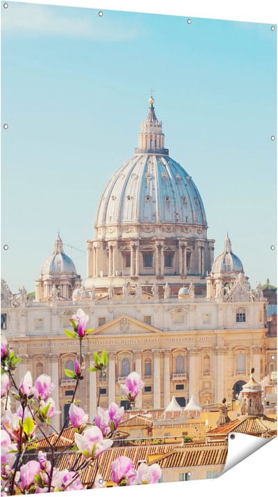 Gards Tuinposter Sint Pietersbasiliek in Rome met Bloemen - 120x180 cm - Tuindoek - Tuindecoratie - Wanddecoratie buiten - Tuinschilderij