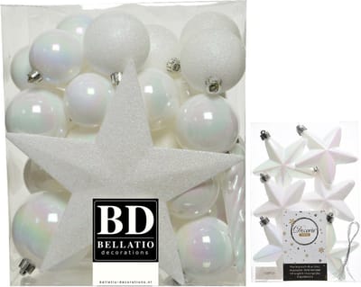 Kerstversiering kunststof kerstballen en hangers parelmoer wit 5-6-8 cm pakket van 39x stuks - Met ster vorm piek van 19 cm