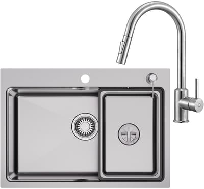 CECIPA MAX Spoelbak Keuken 68x48CM - Spoelbakken Keuken Met Keukenkraan Met Uittrekbare Uitloop - Enkele spoelbakken RVS - Met Korf, Zeepdispenser en Afvoerset - Voor 80 cm Kast