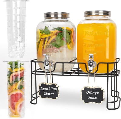 Set van 2 Glazen Drank Dispensers met Standaard - 4 Liter IJsemmer & Krijtbord - Lekvrij voor Feestjes en Limonade