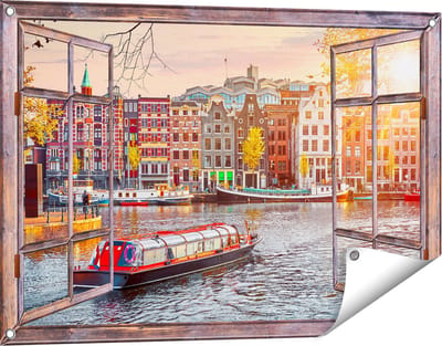 Gards Tuinposter Doorkijk Amsterdamse Huisjes vanaf de Grachten - 90x60 cm - Tuindoek - Tuindecoratie - Wanddecoratie buiten - Tuinschilderij