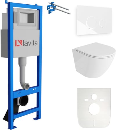 LAVITA® Inbouwreservoir Complete Toiletset LAV 101 - Inbouw WC Hangtoilet Wandcloset SOFI ONE Wit Hoogglans - Bedieningsplaat 200.4.1 Wit - Voorwandelement voor toilet 40cm - Installatiesysteem