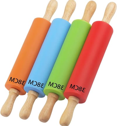 Set van 4 grote siliconen deegrollers met houten handvat, anti-aanbak voor deeg, gebak en pizza (oranje, rood, blauw, groen)