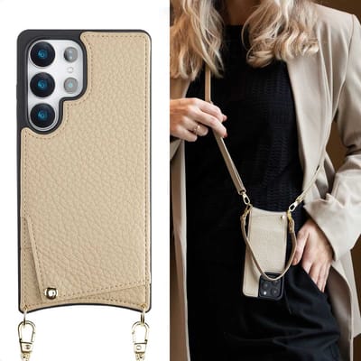 Selencia Hoesje - Geschikt voor Samsung Galaxy S25 Ultra - Backcover met koord en pashouder - Beige