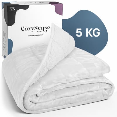 CozySense® Verzwaringsdeken 5kg - 135x200cm - Dubbelzijdig Zwaartedeken met Flanel & Sherpa Kant - Weighted Blanket met GLASS-Flow® Drukverdeling - Verzwaarde Deken - Wit