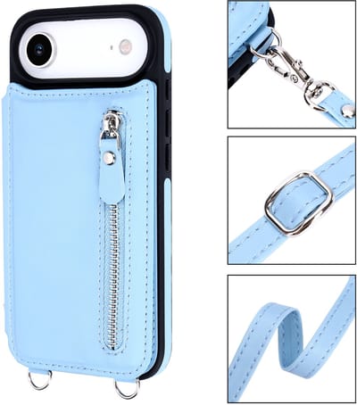 Casemania Hoesje Geschikt voor Apple iPhone 17 Air - Licht Blauw - Luxe Back Cover met Koord en Rits - Wallet Case met Pasjeshouder - Lanyard Telefoonhoes - Cord Case