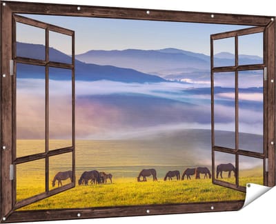Gards Tuinposter Doorkijk Kudde Wilde Paarden in de Wei bij Heuvels - 180x120 cm - Tuindoek - Tuindecoratie - Wanddecoratie buiten - Tuinschilderij