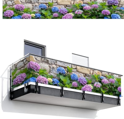 Balkonscherm 500x75 cm - Balkonposter Hortensia - Bloemen - Bladeren - Stenen - Balkon scherm decoratie - Balkonschermen - Balkondoek zonnescherm