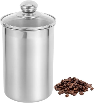 Daity Een roestvrijstalen bewaarcontainer met glazen deksel - geschikt voor in de keuken - voor het bewaren van koffie en granen. Past op het aanrecht. Geschikt voor het bewaren van thee - suiker - bonen - meel - snacks - Inhoud: 1 -7 liter (zilver).