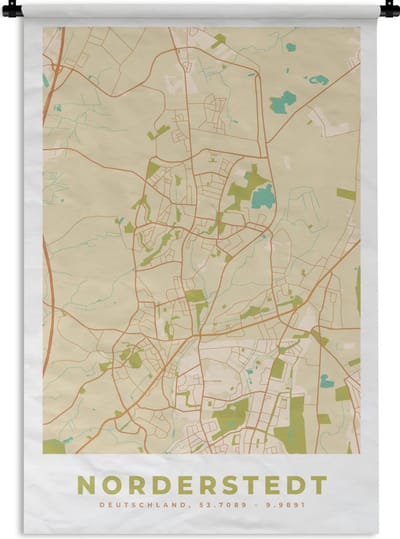 Wandkleed - Wanddoek - Plattegrond - Stadskaart - Vintage - Norderstedt - Kaart - 120x180 cm - Wandtapijt