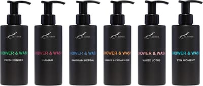 Shower & Wash Set - Fresh Ginger + Hamam + Hammam Herbal + Sweet Orange & Cedarwood + White Lotus en Zen Moment - Claudius Cosmetics - bodycare - luxe fles - set van 6 stuks - Cadeau - giftset voor hem en haar