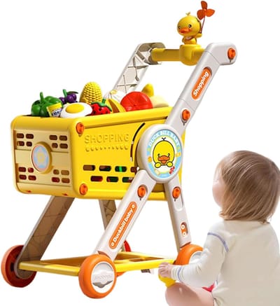 Kinderwinkelwagen - Speelgoed supermarkt - Rollenspel thuis - Inclusief 20 accessoires - 28 x 45 x 65 cm - Geel roze