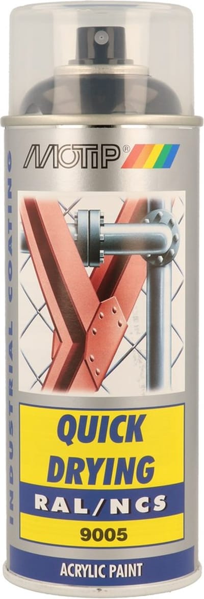 Motip industrial acryllak hoogglans RAL 9005 diep zwart - 400 ml.