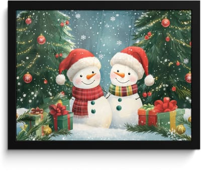Poster in lijst - Fotolijst 40x30 cm - Posters - Sneeuwpop - Kerstsneeuw - Groen - Rood - Posterlijst zwart - Decoratie - Wanddecoratie woonkamer - Muurdecoratie slaapkamer - Kerstversiering - Kerstdecoratie voor binnen - Kerstmis