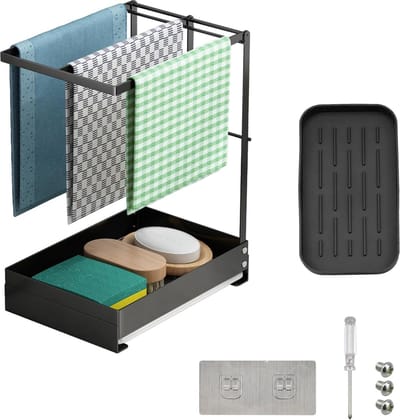 Keukenspoelbak-organizer, keukenspoelbak, sponshouder, spoelbakopslag met handdoekhouder, telescopisch spoelbak-opbergrek, siliconen afdruipbak voor keuken