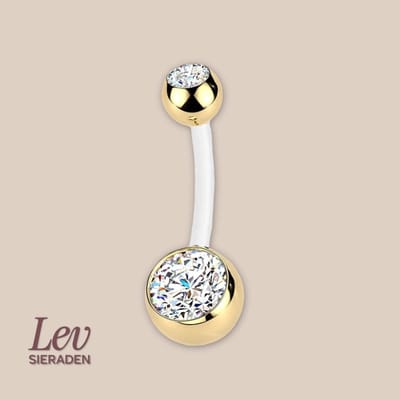 Lev Sieraden - Double jewelled zwangerschaps navel piercing - Goud - 1.6 x 36mm - PTFE & Titanium - 5 en 8mm bolletjes met steen