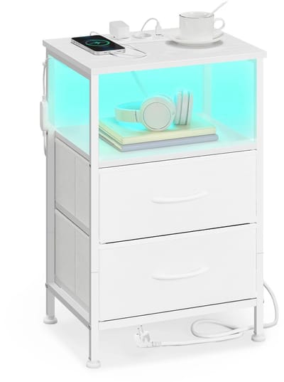 uJOY Nachtkastje met verlichting - Geïntegreerd oplaadstation - 2 Stopcontacten - Veel opbergruimte - Kleur wit - Compact formaat
