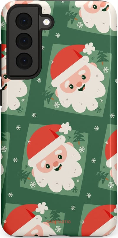 Casetastic hoesje geschikt voor Samsung Galaxy S21 FE 5G - Dubbellaagse bescherming - Kerstmannen in het bos - Fashion Case - Donkergroen Wit Terracotta Crème