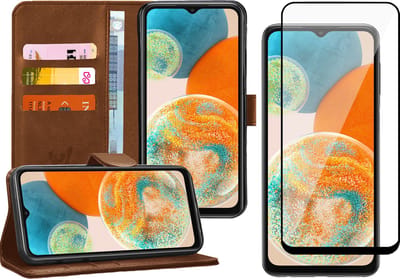 Hoesje geschikt voor Samsung A23 - Book Case Kunstleer Wallet Cover Portemonnee Pasjeshouder Hoes Bruin - Full Tempered Glass Screenprotector