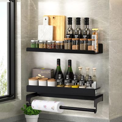 Thijox - Kruidenrek Set van 2 - Keukenhouder Zonder Boren - Hangend Keukenrek 40 cm - Roestvrij Staal 304 - Wandorganizer voor Specerijen en Keukenhan