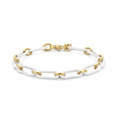 CO88 Collection 8CB-91274 Stalen Schakelarmband met Emaille - 19cm - 17,5x7,5mm - Staal - Wit;Goudkleurig