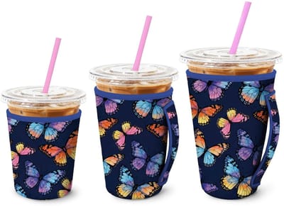 Dailygoods- Drink Sleeve Duurzaam - Herbruikbare Vlinder Mouwen - Neopreen Isolatie - Voor Koude Dranken - 16-32oz - Kleurrijke Print - Bekersleeve