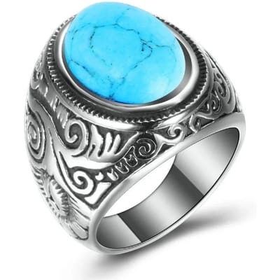 Vintage Handgemaakte Turkse Sieraden Blauwe Turkoois Zwarte Zirkonia Ring Retro Koperkleur Mannen Bruiloftsring Klassieke Verlovingssieraden 6 blue