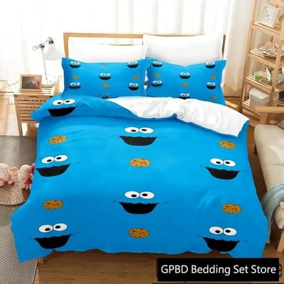 Impression 3D Cookie Dessin Animé Monstre Anime Ensemble de Literie Double Twin King Housse de Couette Couette Taie d'Oreiller Garçons Filles Adultes Chambre 70x133cm blue