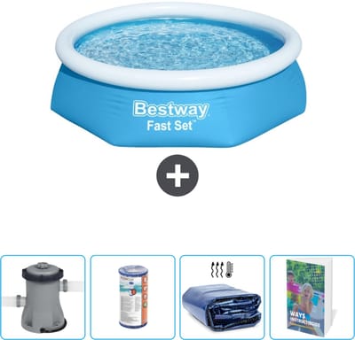 Bestway Rond Opblaasbaar Fast Set Zwembad - 244 x 61 cm - Blauw - Inclusief Pomp Filter - Solarzeil - Zwembadgids