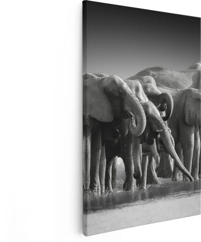 Artaza Canvas Schilderij Olifanten - 80x120 cm - Groot - Wanddecoratie Dieren - Muurdecoratie Afrika - Schilderijen Op Canvas Zwart Wit