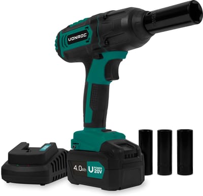 VONROC Accu slagmoersleutel 20V – 4 standen: 100/200/300/400Nm - Incl. 4 moerdoppen – geschikt voor het verwisselen van wielbouten en -moeren - Incl. 4.0Ah Accu en snellader