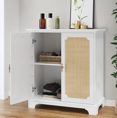 MODENUIT Dressoir - Met Rattan Deuren En Verstelbare Plank - Voor Woonkamer En Hal - MDF - Wit - 80x38x86 Cm